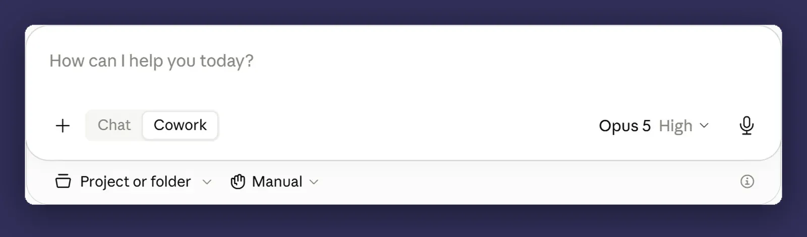 The Cowork composer, with the Chat and Cowork toggle and, below the message box, controls for the project or folder and the approval mode