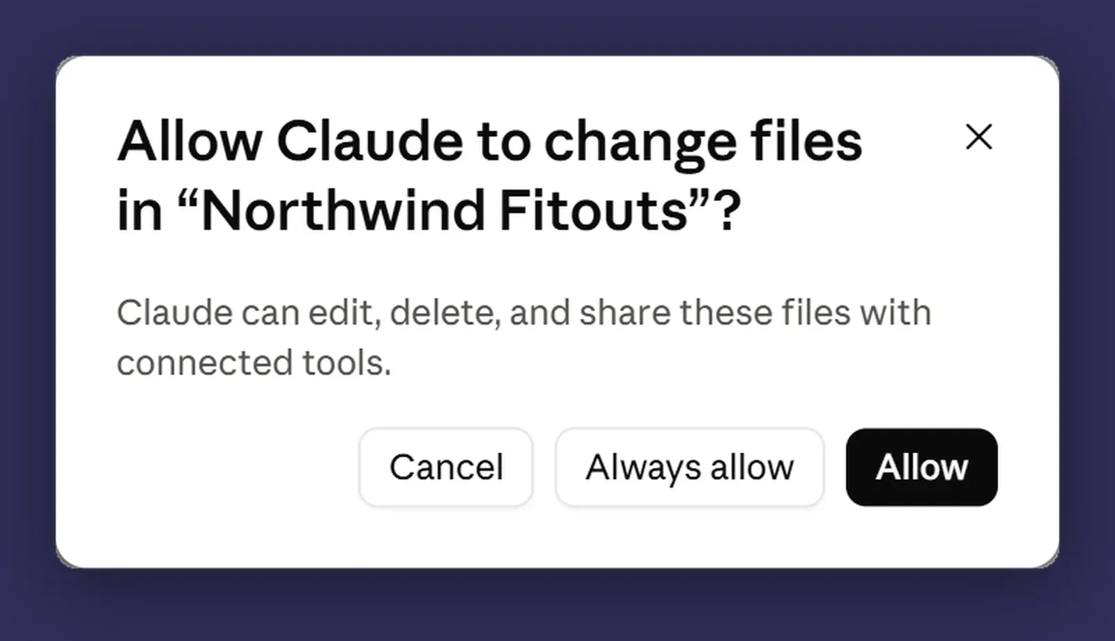 The folder access prompt, asking whether to allow Claude to change files in the Northwind Fitouts folder