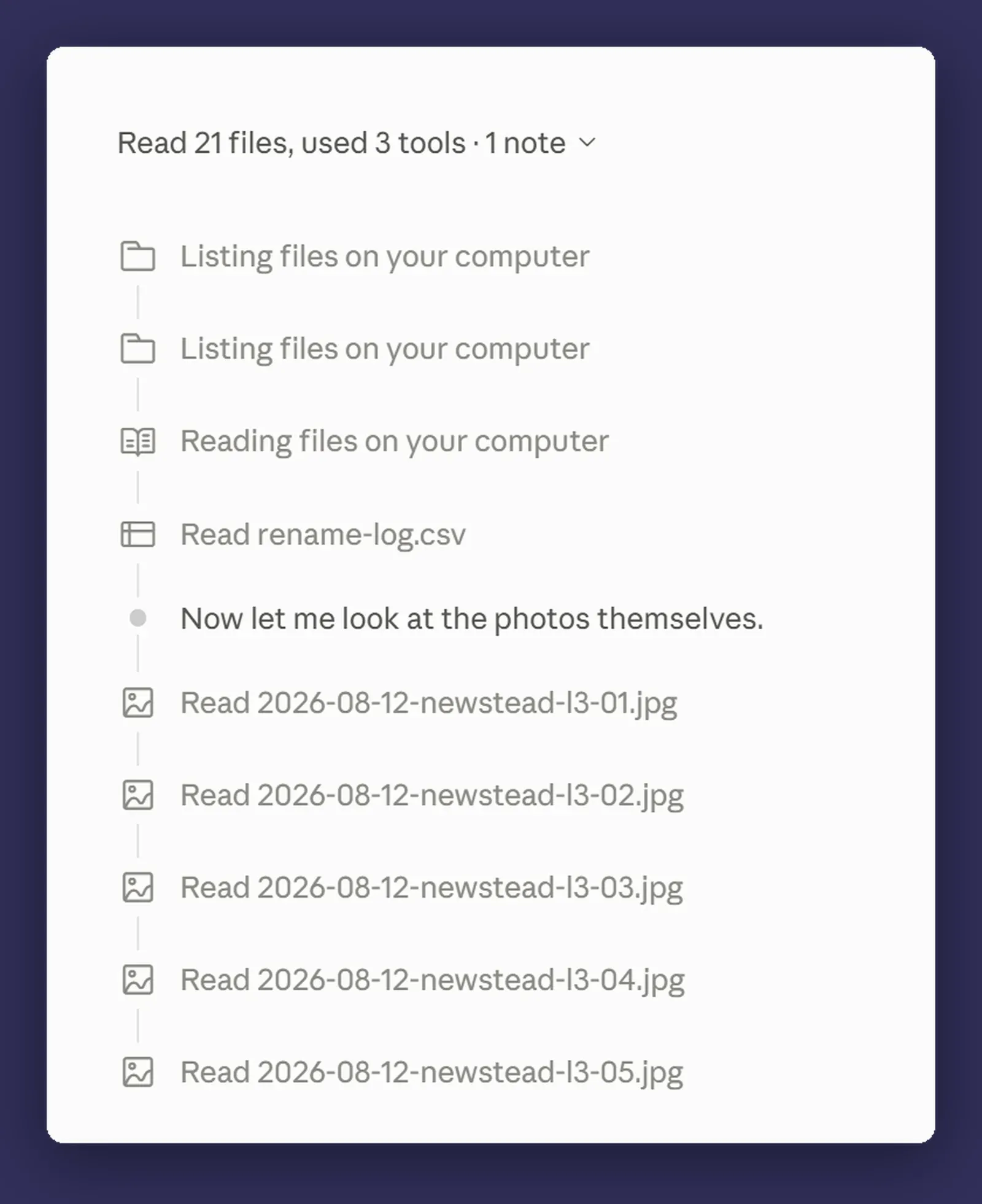 The Cowork activity list from a look-only run, naming each photo it opened
