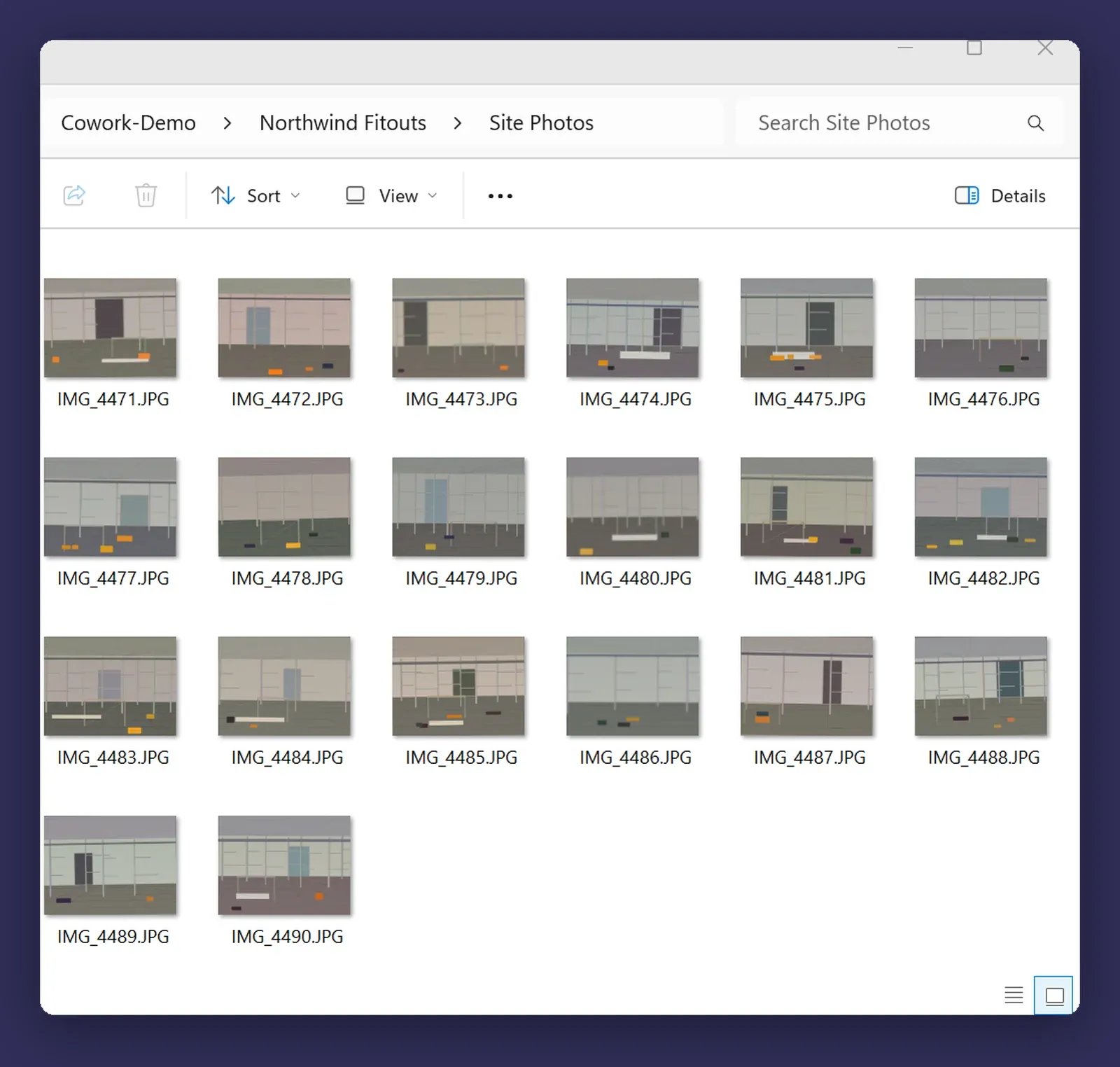 File Explorer showing the Northwind photo folder before sorting, a flat list of camera default filenames