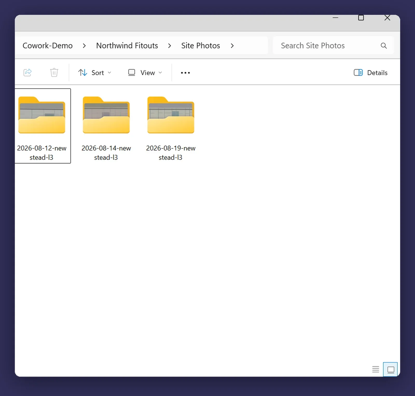 The same folder after sorting, with photos organised into dated subfolders and readable filenames