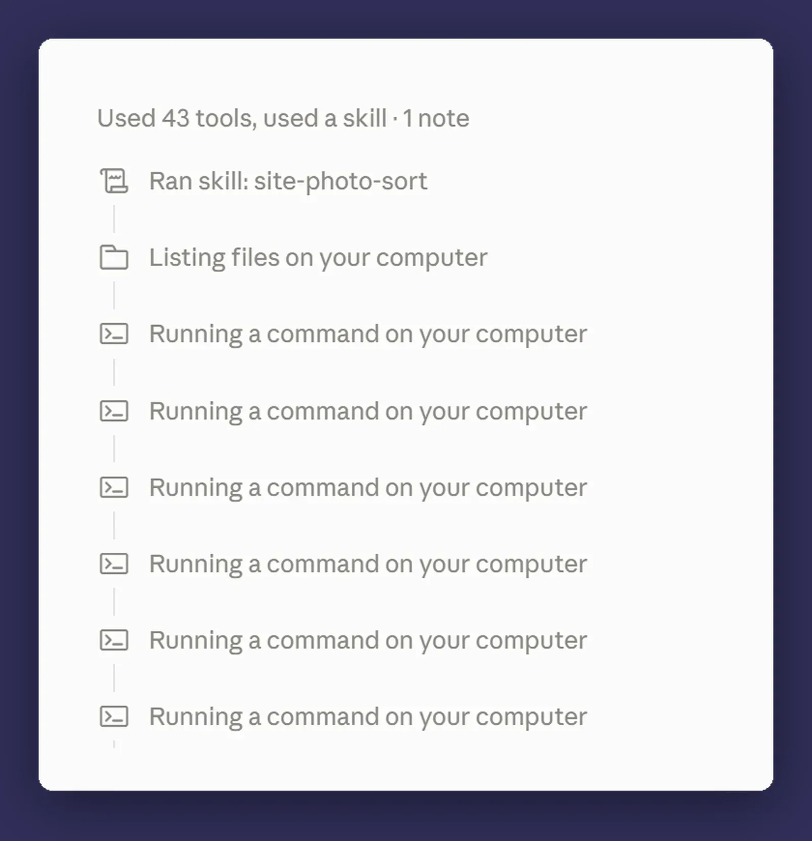 The activity list from the photo sort, a run of identical rows reading Running a command on your computer