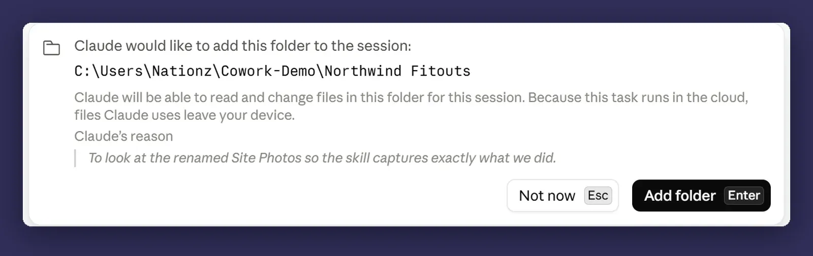 A Cowork approval prompt asking to add a folder to the session, naming the folder, what Claude will be able to do in it, and Claude's reason for asking