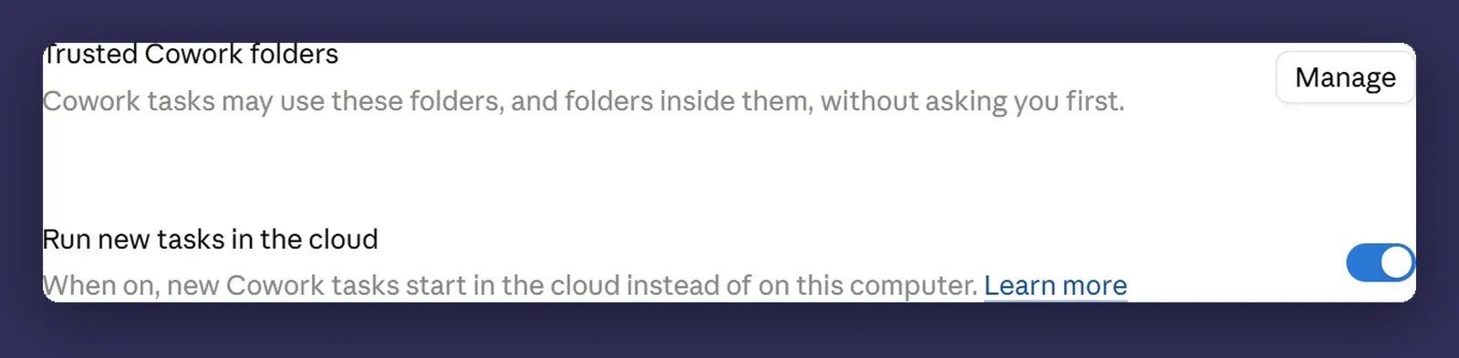 The Trusted Cowork folders setting, which lets Cowork use nominated folders and everything inside them without asking first