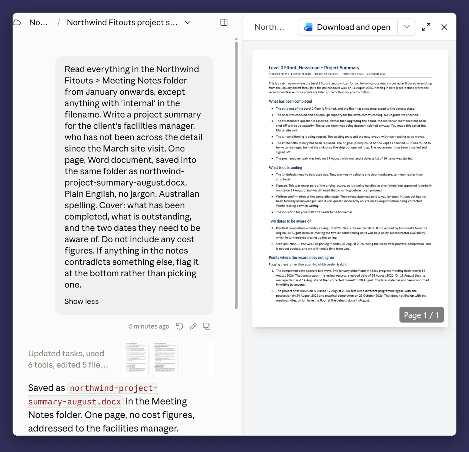 The briefed instruction and the document it produced, formatted and structured