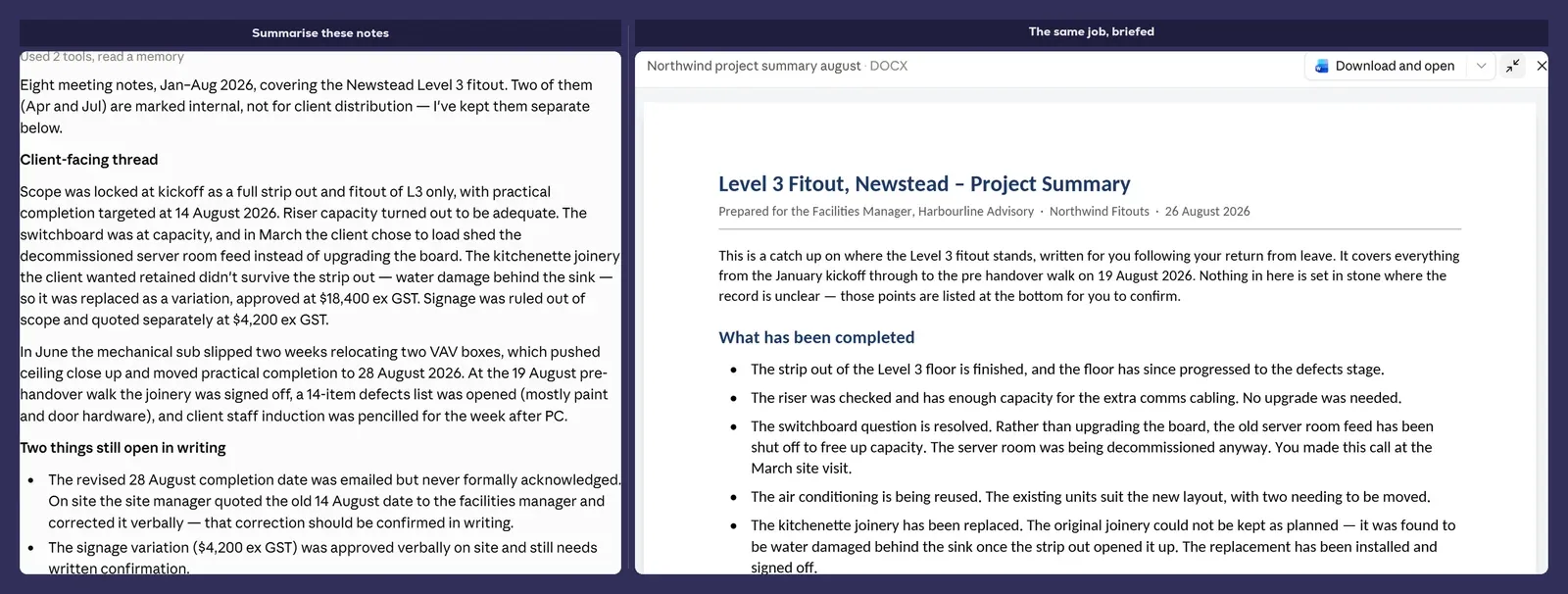 The two outputs side by side, the generic summary and the briefed document