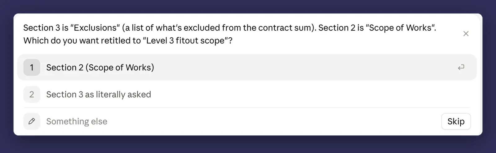 A clarifying question card from Claude asking about scope before starting the task