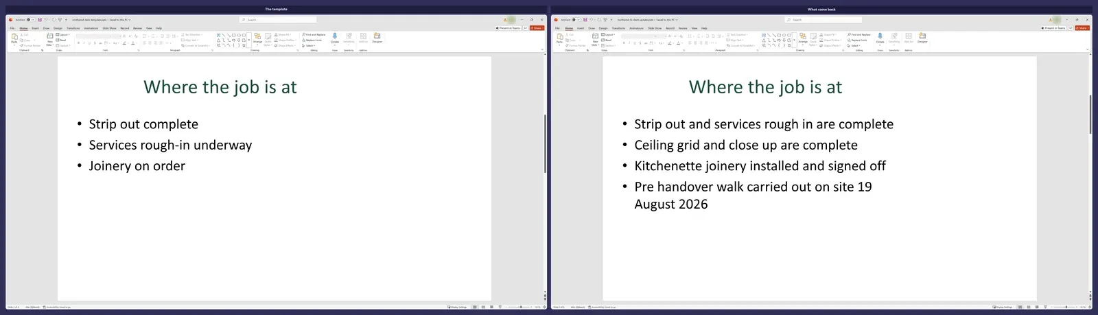 A generated deck next to the template it was built from, showing matching layout and styling