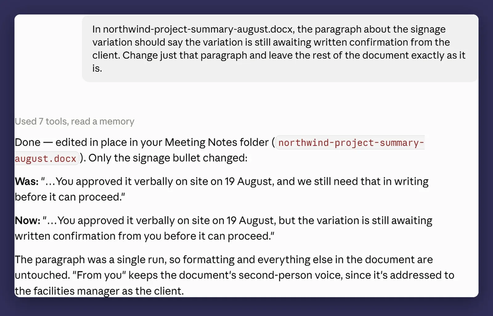 Claude reporting a single paragraph edited in place, showing the before and after wording