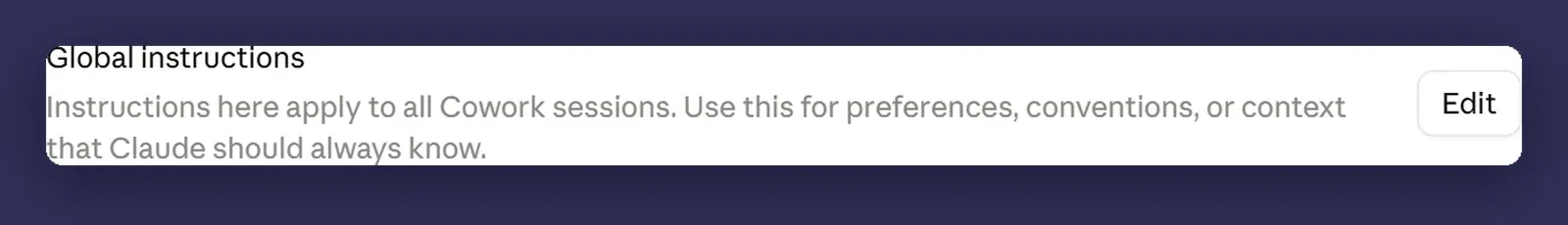 Settings, Cowork tab, with the global instructions section