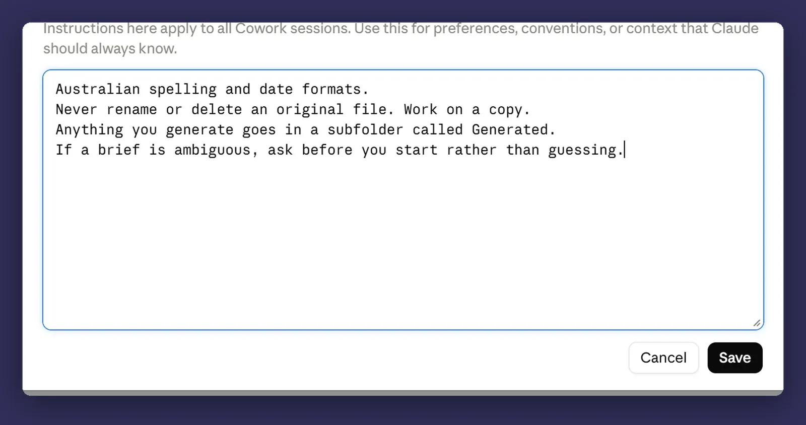 The global instructions edit panel with a real example filled in