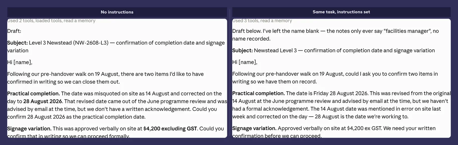 The same task run twice, once with no instructions and once with instructions set