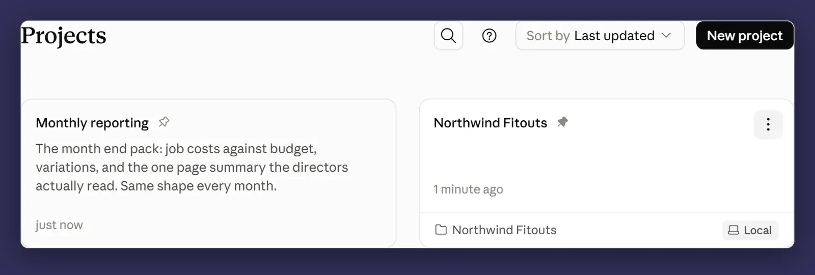 The Cowork projects list
