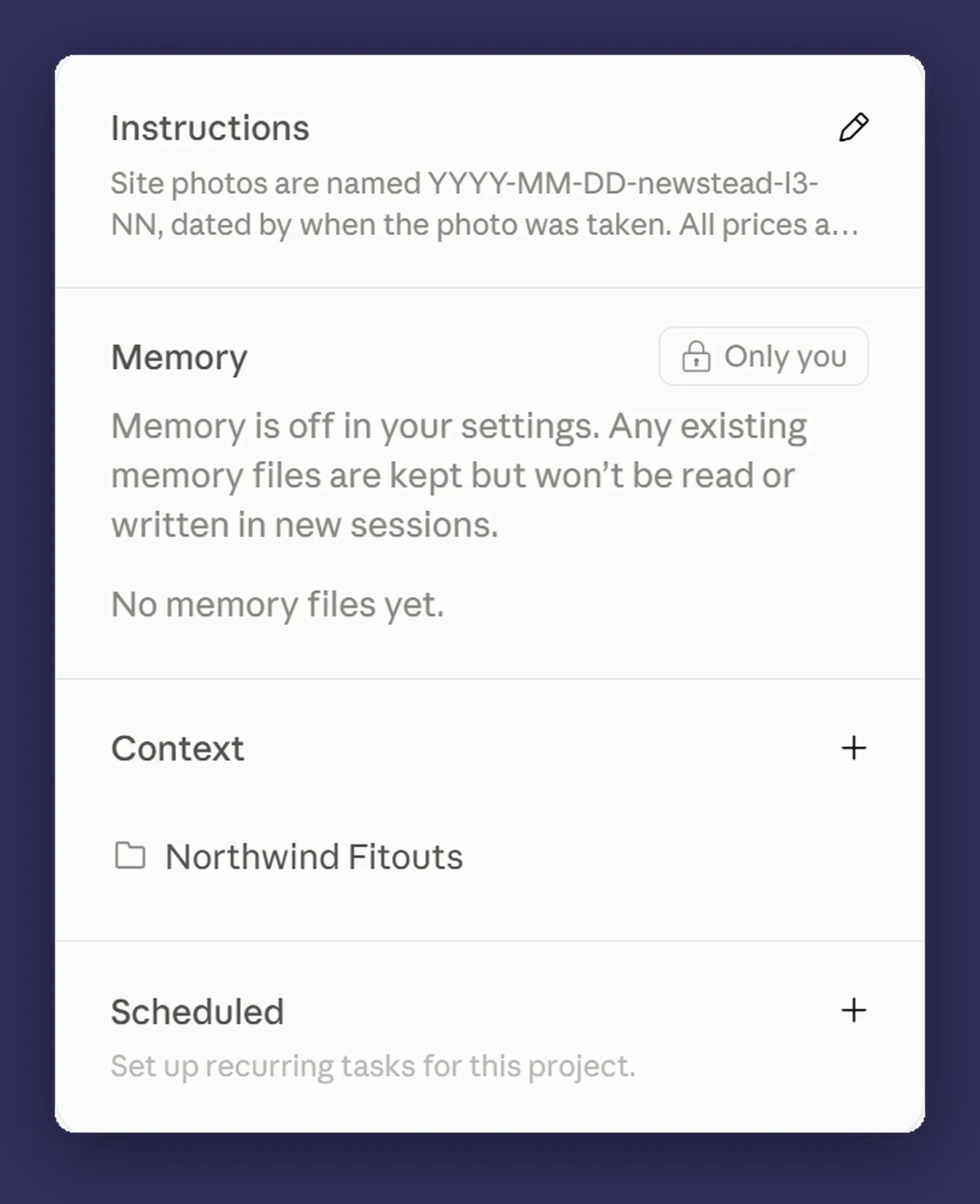 A project with instructions set and a folder connected