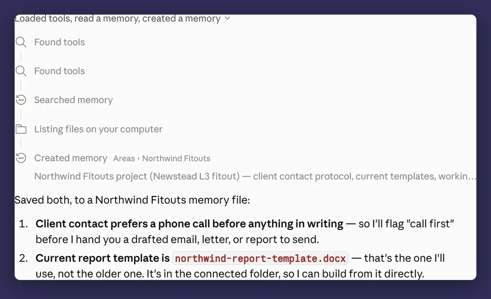 The activity list showing a memory created during a session, filed under the project it was working in