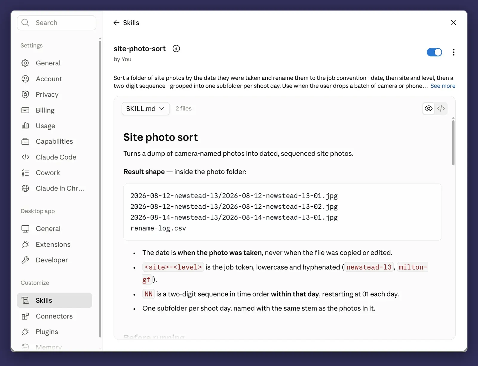 The generated SKILL.md file open, showing the name, description and steps