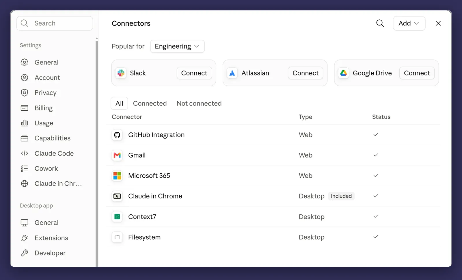 The connectors list in the desktop app settings, with a Type column reading Web or Desktop