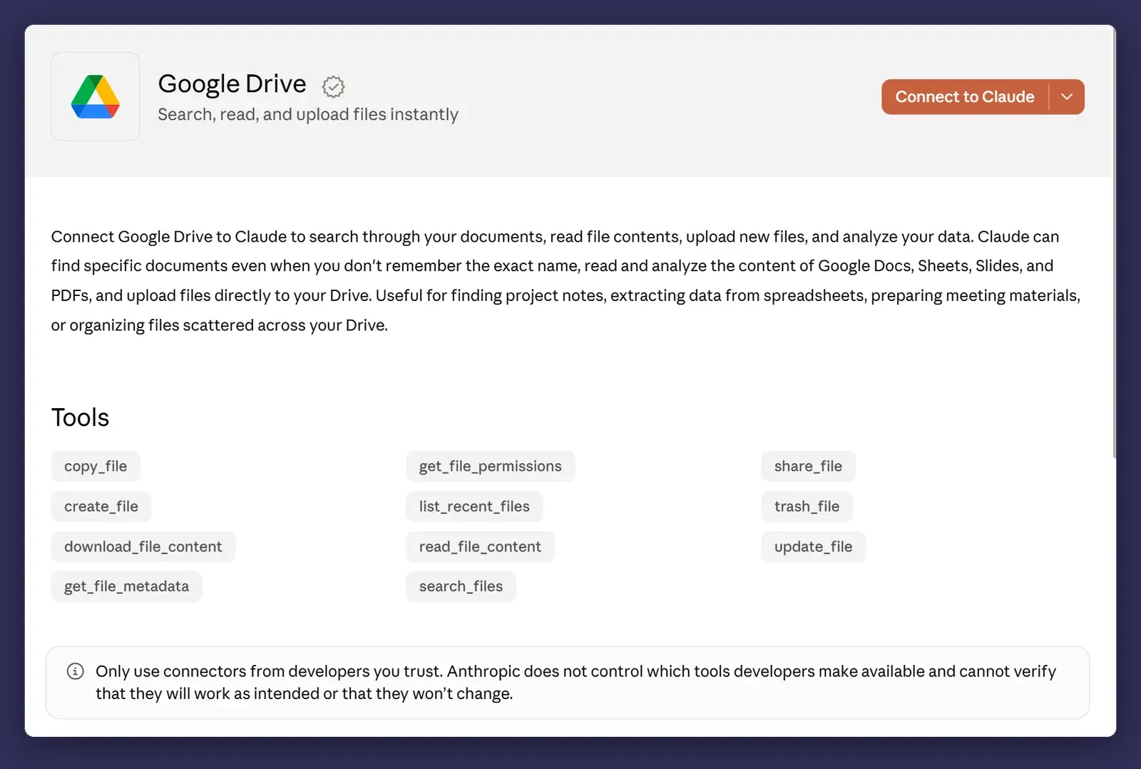 The Google Drive connector page listing the tools it gives Claude, including share, trash and update