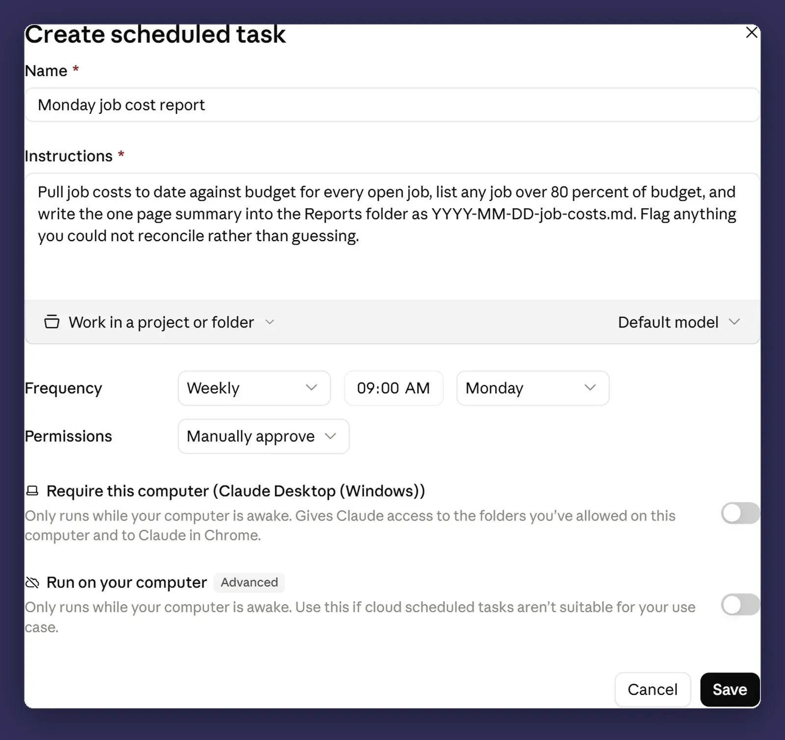 The scheduled task creation form with the fields filled in
