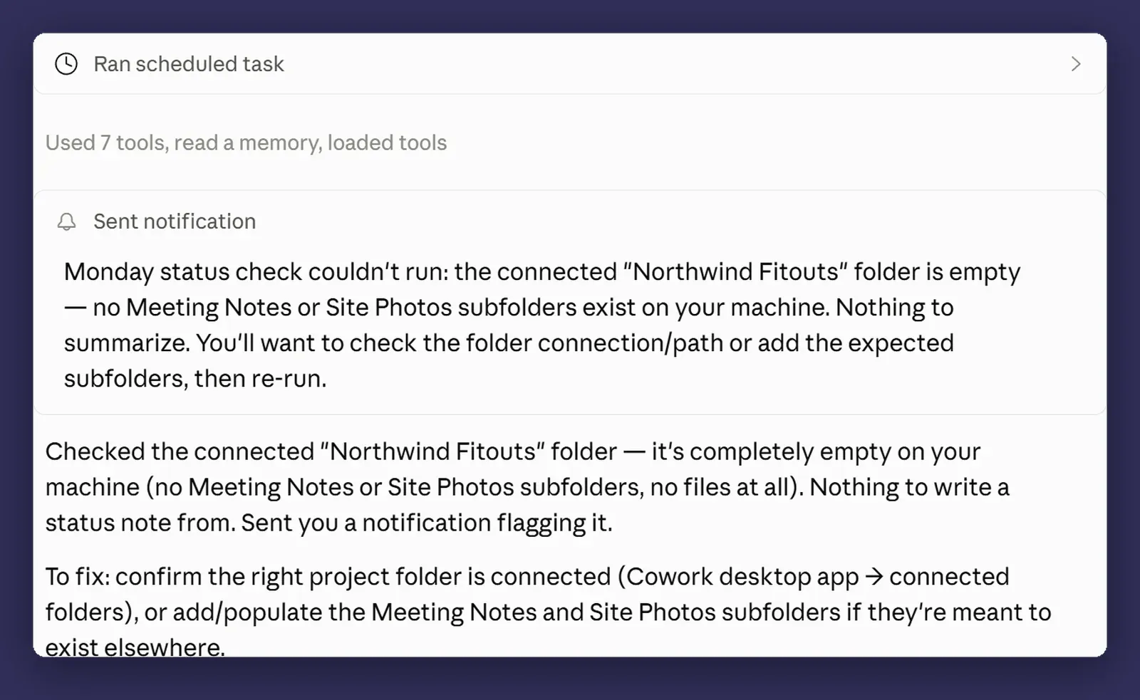 A scheduled run that could not find its folder, reporting what was missing
