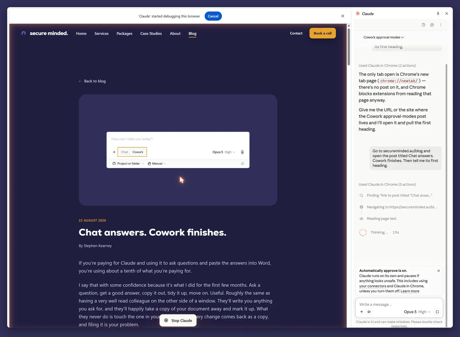 A browser task part way through, with a banner saying Claude is driving the browser, a list of named steps in the side panel and a Stop Claude button