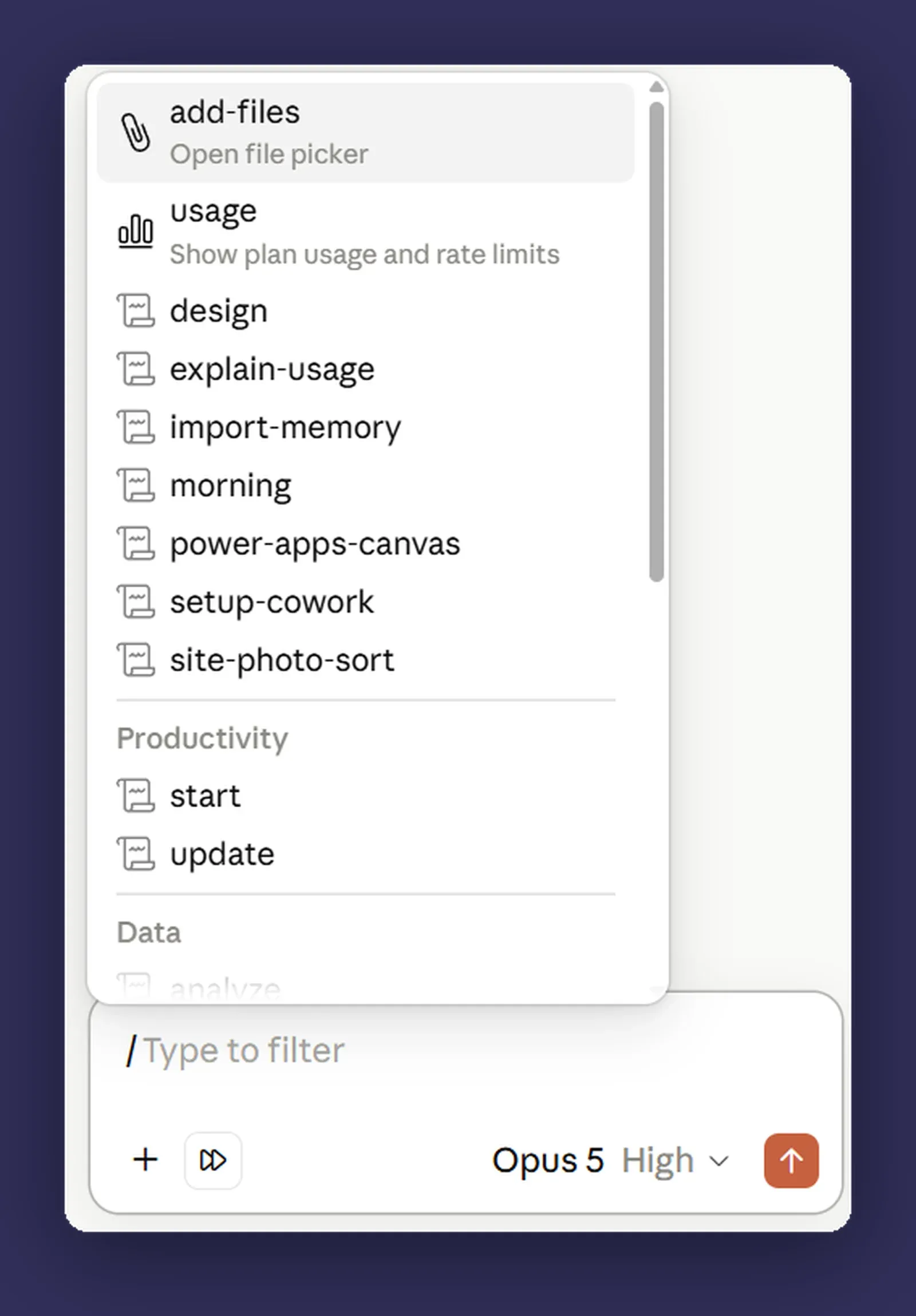 The shortcuts list in the Claude in Chrome panel, opened by typing a slash