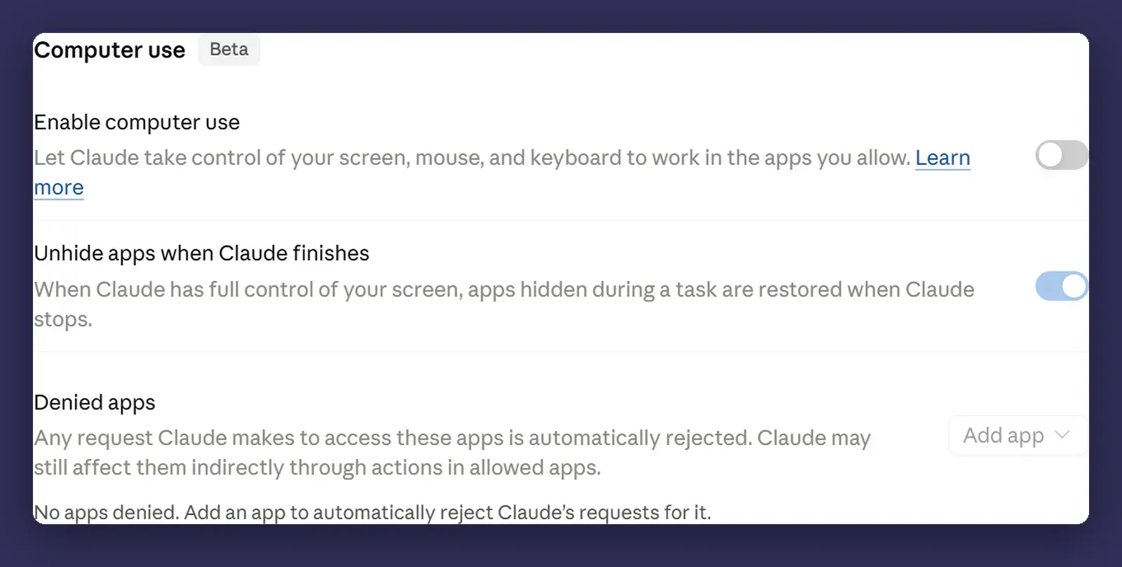 The computer use settings, including the denied apps list