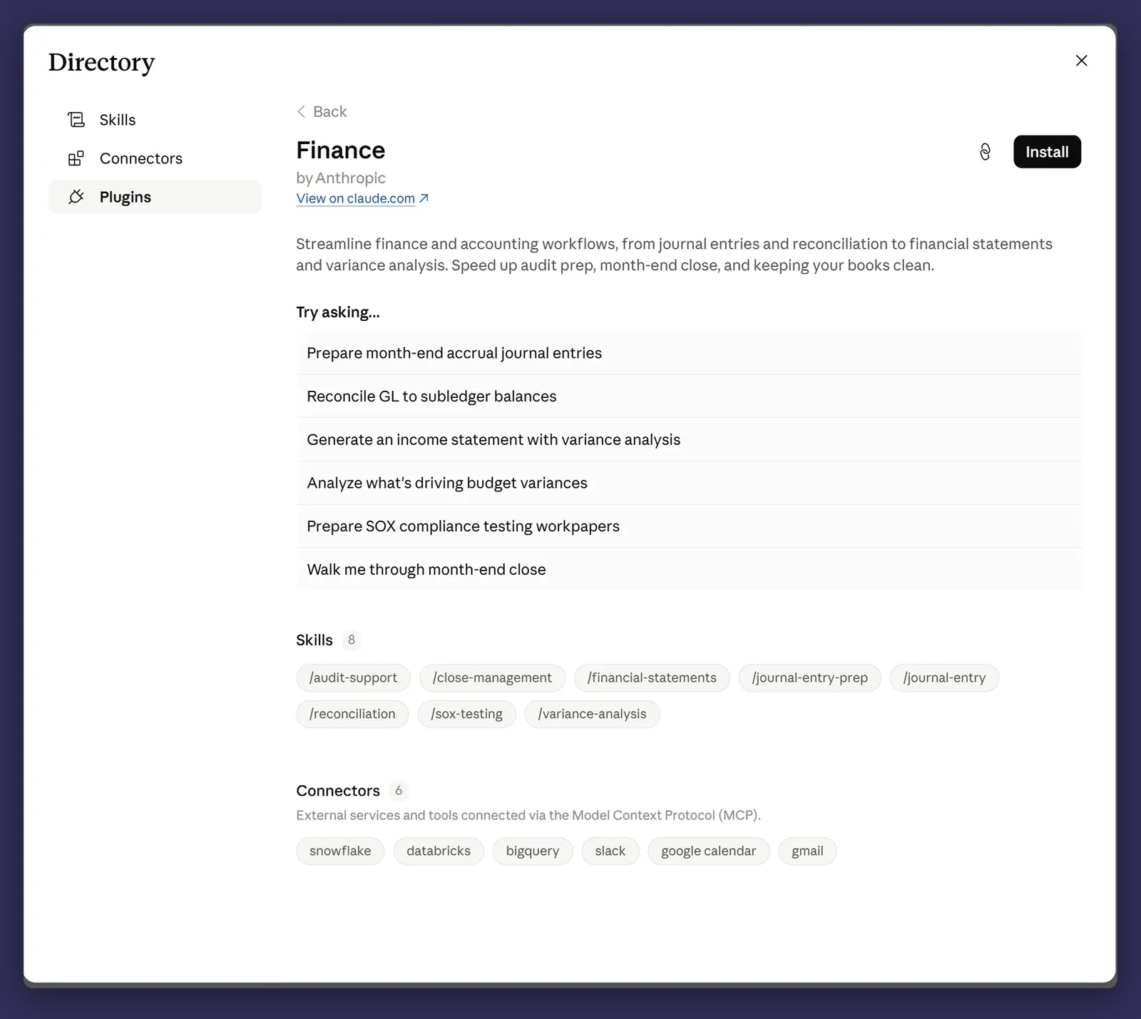 The contents of a plugin, showing the skills and connectors it bundles