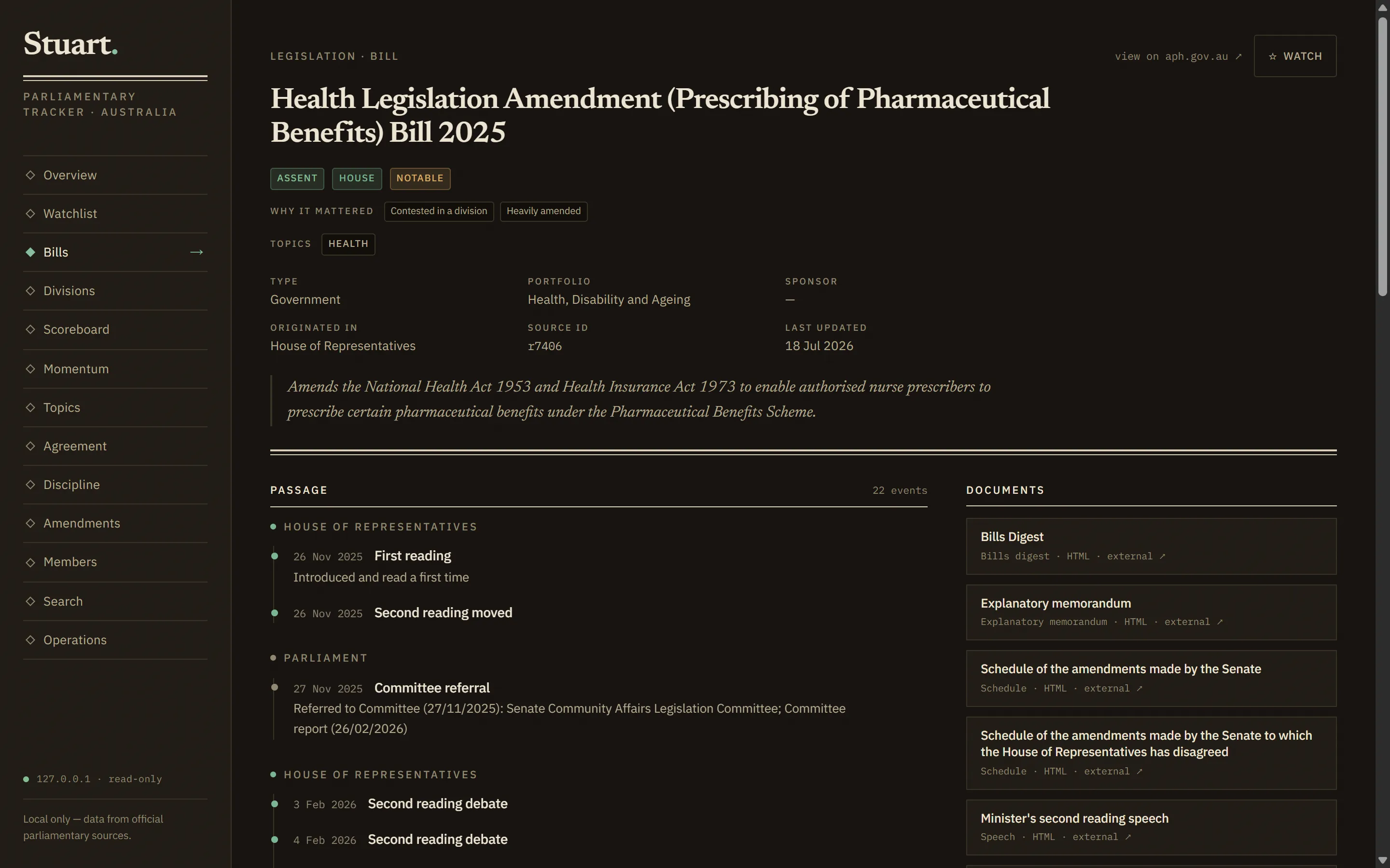 A bill page in Stuart showing the Health Legislation Amendment (Prescribing of Pharmaceutical Benefits) Bill 2025, with status badges, portfolio details, the official summary, a 22-event passage timeline through both houses, and links to official documents.